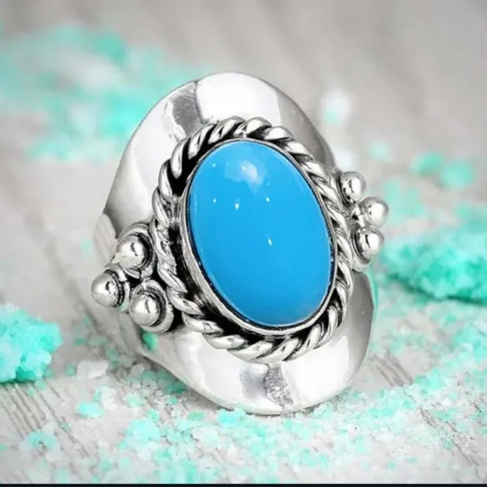 Silver Bright Sea Blue Oval Gemstone Ring